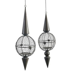 Metal Tealight Holders With Net Accented Center Balls, Set of 2, Gray