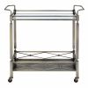 Two Tiered Metal Serving Cart with Glass Shelves and Side Rails, Antique Gold