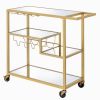 Metal Framed Serving Cart with Wine Bottle Holder and Stemware, Gold and Clear