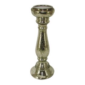 Glass Pillar Candle Holder with Distressed Details, Silver