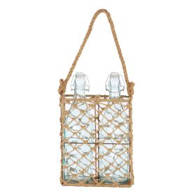3 Piece Jute Woven Metal Basket with Glass Bottles, Brown