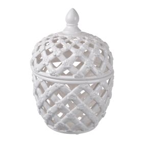 Decorative Ceramic Lidded Jar with Cut Out Texture, Large, White