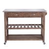 2 Drawers Wooden Kitchen Cart with Metal Top and Casters, Gray and Brown