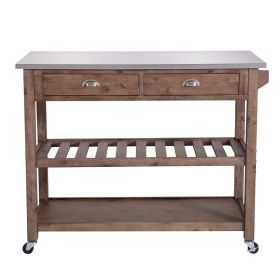 2 Drawers Wooden Kitchen Cart with Metal Top and Casters, Gray and Brown