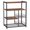 2 Mesh Basket and 6 Hooks Wood and Metal Frame Bakers Rack, Brown and Black