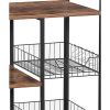 2 Mesh Basket and 6 Hooks Wood and Metal Frame Bakers Rack, Brown and Black