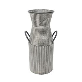 17 Inch Metal Milk Jar Design Accent Flared Banded Top, Gray