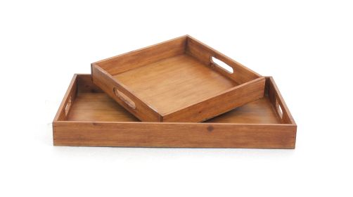 Rectangular Wooden Serving Tray with Cut Out Handles, Set of 2, Brown