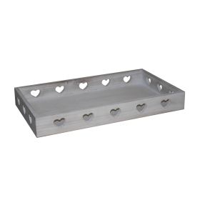 Farmhouse Style Rectangular Tray with Heart Shape Cutouts, Whitewashed