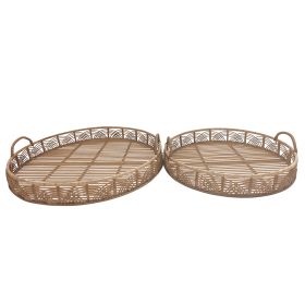 Round Shaped Bamboo Tray with Curved Handle, Set of 2, Brown
