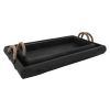 24, 20 Inch 2 Piece Wood Serving Tray Set, Woven Rope Metal Handle, Black