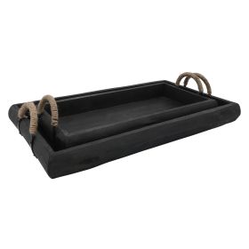24, 20 Inch 2 Piece Wood Serving Tray Set, Woven Rope Metal Handle, Black