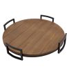 18 Inch Round Wood Tray, Metal Handles, Grooved, Set of 2, Brown, Black