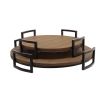 18 Inch Round Wood Tray, Metal Handles, Grooved, Set of 2, Brown, Black