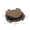 18 Inch Round Wood Tray, Metal Handles, Grooved, Set of 2, Brown, Black