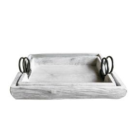 19, 17 Inch Rustic Rectangular Live Edge Wood Serving Tray, Set of 2, White