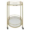 32 Inch Modern Metal Bar Cart, Oval, Mirrored Shelves, Stemware Rack, Gold