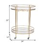 32 Inch Modern Metal Bar Cart, Oval, Mirrored Shelves, Stemware Rack, Gold