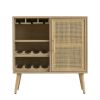 Dana 31 Inch Wood Wine Cabinet, 2 Shelves, Glass Hanger, Rattan Door, Brown