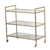 37 Inch Modern Bar Cart, 3 Tiers, Iron Frame, Glass Shelves, Antique Gold