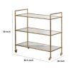 37 Inch Modern Bar Cart, 3 Tiers, Iron Frame, Glass Shelves, Antique Gold