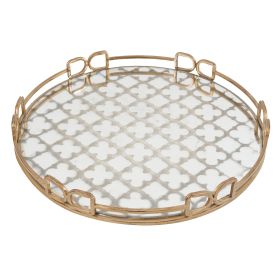 Sui 18 Inch Round Decorative Tray, Glass Bottom and Gold Geometric Frame