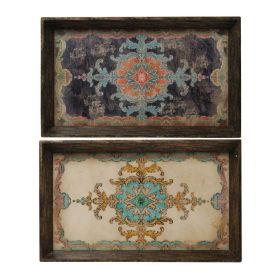 25 Inch Wood Tray, Vintage Style, Distressed Brown Wood Frame, Set of 2