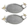 19 Inch Decorative Tray, Perched Birds, Silver Metal, Medium, Set of 2