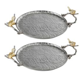 19 Inch Decorative Tray, Perched Birds, Silver Metal, Medium, Set of 2