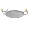 19 Inch Decorative Tray, Perched Birds, Silver Metal, Medium, Set of 2