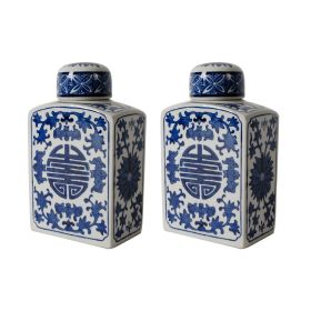 9 Inch Ceramic Lidded Jar, Rectangular Blue Orchid and Flowers, Set of 2