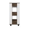 35 Inch Rolling Kitchen Bar Cart, 1 Drawer, Shelves, Grain Details, White