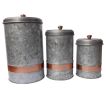 Benzara AMC0014 Galvanized Metal Lidded Canister With Copper Band, Set of Three, Gray