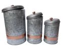 Benzara AMC0014 Galvanized Metal Lidded Canister With Copper Band, Set of Three, Gray